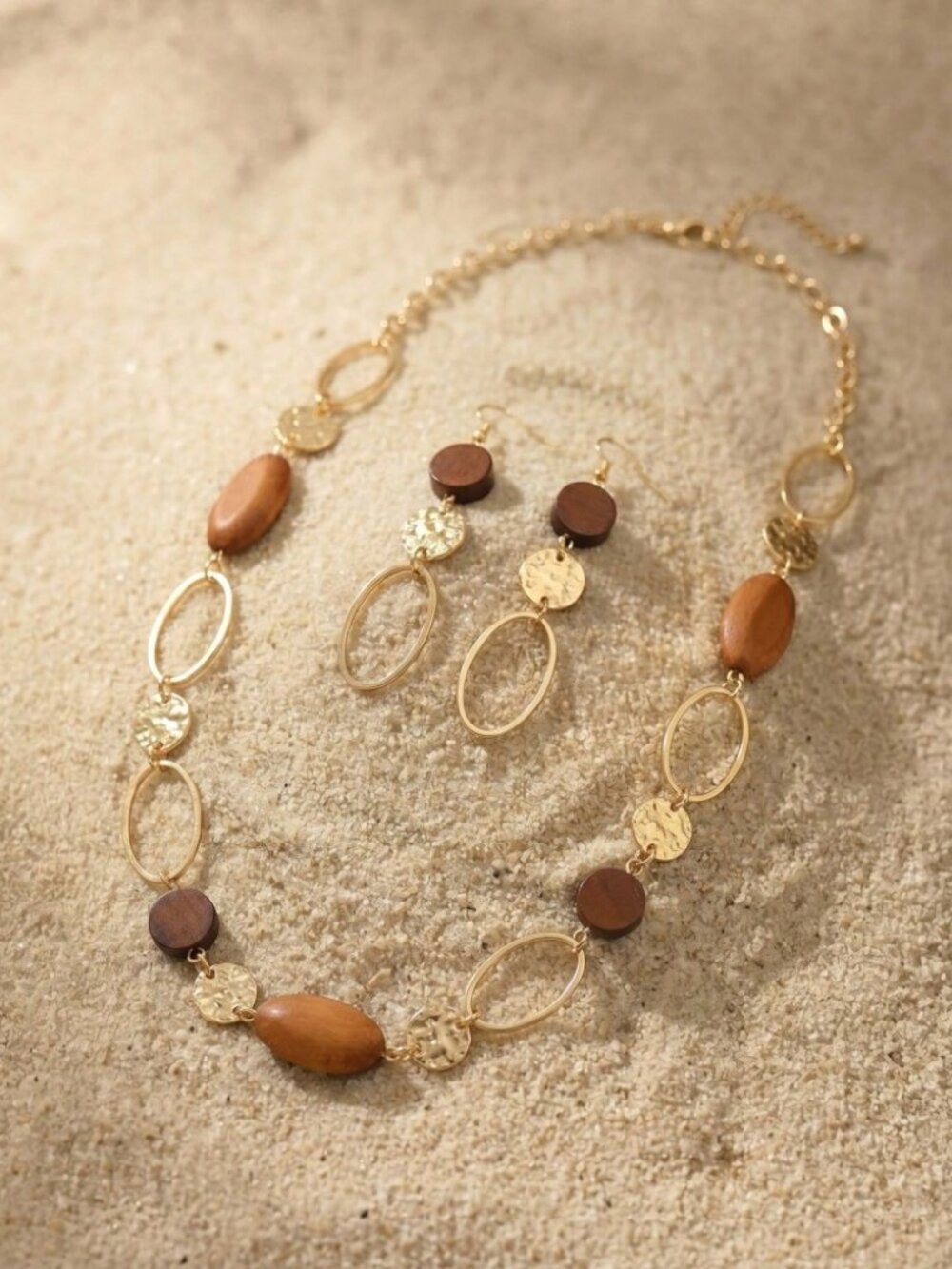 Gold & Wood Hammered Disc Necklace & Earring Set